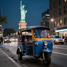 a tuk tuk walking through a desolate manhattan city street at night statue of liberty seen in the background realistic 4 k octane beautiful