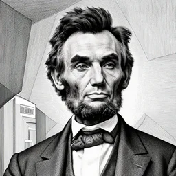 Geometrically surreal Abraham Lincoln, extremely high detail, photorealistic, intricate line drawings, dotart, album art in the style of James Jean