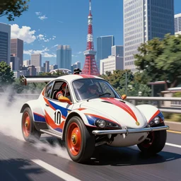 a chariot in tokyo, drawn like the anime speed racer, full color