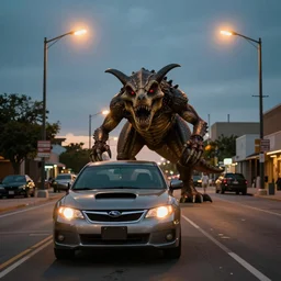 deathclaw from fallout drives a subaru, street lighting, downtown environment, wide lens, 2 4 mm, street lamps