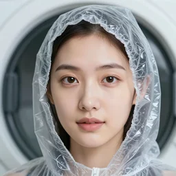 a closeup portrait of a woman wearing a hood made of wire and plastic, in a laundry mat, color photograph, by vincent desiderio, canon eos c 3 0 0, ƒ 1. 8, 3 5 mm, 8 k, medium - format print
