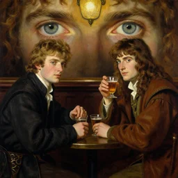 attractive bradley james as arthur pendragon and attractive colin morgan as merlin go to a pub together to have some drinks, perfect symetrical eyes. highly detailed painting by gaston bussiere, craig mullins, j. c. leyendecker 8 k