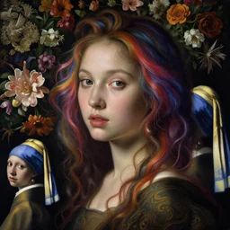 a closeup portrait of one beautiful kpop goddess with swirling coloured hair and a wall of flowers behind her, painted by botticelli, rachel ruysch, vermeer and ambrosius bosschaert, hyperrealism, dark, dramatic lighting, analogous complementary colour scheme, trending in artstation, octane, rendered