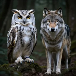 mixture between an! owl and wolf, photograph captured in a dark forest