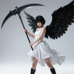 anime girl wielding a large black scythe, has black wings, white dress, naturel, hyper detailed, digital art, trending in artstation, cinematic lighting, studio quality, smooth render, unreal engine 5 rendered, octane rendered, art style by klimt and nixeu and ian sprigger and wlop and krenz cushart