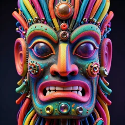steampunk, abstract detailed tiki face, multicolored tubes, wires, shiny buttons, vray, octane, highly detailed, 8 k, fluorescent colors, baroque, by david lachapelle