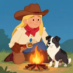 cartoon image of hillbilly with long blonde hair at a bonfire with his australian shepherd