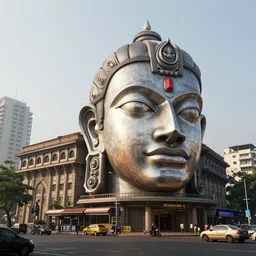 high quality 3 d render cyberpunk mumbai!, kalighat! hanuman head highly detailed, cinematic smooth unreal engine, lee madgwick & yuto yamada, hard morning light, long shot, low angle, uhd 8 k, sharp focus