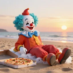 clown with pulcinella mask relaxing on the beach with a pizza in the sunset, foaming beer, extremely detailed 3 d render, octane render, octane, reflection, refraction, evening sky, trending, deviantart, artstation