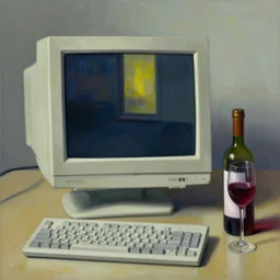 an achingly beautiful still life featuring an old computer with red wine ,  very coherent, painted by Edward Hopper, Wayne Barlowe, painted by James Gilleard, airbrush,  art by JamesJean
