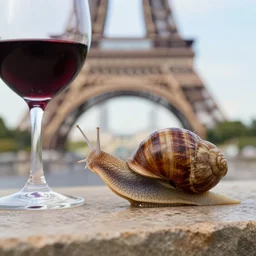 a french snail drinking red wine in paris