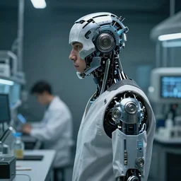 a laboratory operator man with cybernetic enhancements seen from a distance, scifi character portrait by greg rutkowski, craig mullins, daytoner, cinematic lighting, dystopian scifi gear, profile picture, highly mechanical, cyborg, half robot
