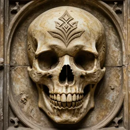 shot in 7 0 mm, gothic bas relief of skull with decorative tribal design, textured 3 d, intense detail, hyperealism, 4 k