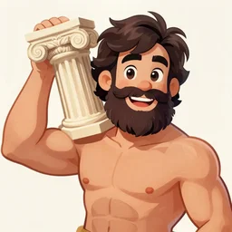 illustration of young tim robbins with dark brown hair and a big bushy beard, big muscles, holding a greek column on his shoulder and grinning by greg rutkowski, bayard wu