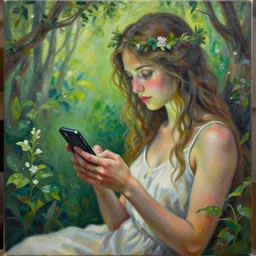 a nature goddess checking her cell phone by senior concept artist josephine wall, acrylic on canvas, intricately detailed