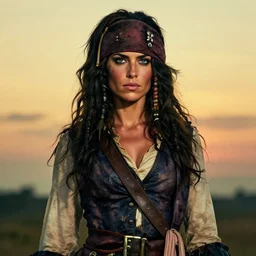 an award winning outdoors portrait photo of tanned rallia christidou as a 1 7 0 0 s dirty caribbean olive tanned pirate with black silk hair, slightly big nose defined jaw, very beautiful, smug face, blue eyes, wearing a vest and short coat, sunset, movie color graded