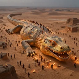 hundreds of slaves building a giant monumental lizard statue in the middle of the desert, lit by candles, digital painting, artstation, concept art, craig mullins, breathtaking, 8 k resolution, extremely detailed, beautiful, establishing shot, artistic, hyperrealistic, octane render, cinematic lighting, dramatic lighting, masterpiece, light brazen, extremely detailed and beautiful face