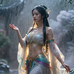 a beautiful female goddess of rain character, character is in all its glory, character is in her natural relaxed pose, rim lights, particles and dust in the air, fancy clouds, highly detailed professional photo, dynamic lights, particles are flying, depth of field, trending on artstation, illustration, hyper realistic, vray caustics, super detailed, colorful accents, cinematic shot