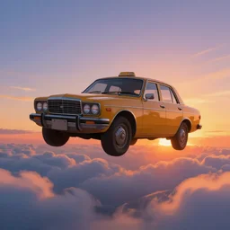 a 1980s old taxi car floating above the clouds, sunset, digital painting,