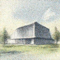 a sketch of a building in a serene landscape
