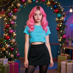 colorful and festive captivating teenager girl with pink hair, cyan top crop, black skirt, black leggings, cute look. rich vivid colors, ambient lighting, dynamic lighting, 4 k, atmospheric lighting, painted, intricate, highly detailed by charlie bowater