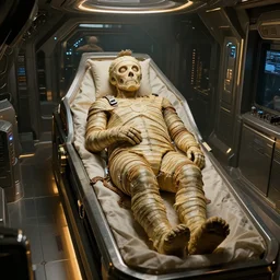 mummified elon musk in his luxurious burial chamber, year 3 2 5 1, cyberpunk