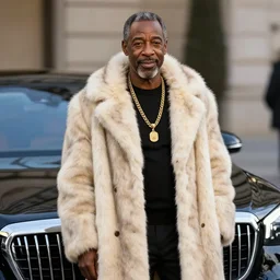mr. rogers dressed like a pimp in a fur coat, gold chains, standing near his maybach