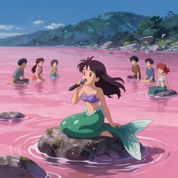 the little mermaid sings in the pink sea, kamakura scenery, the feeling of summer, unreal engine, fantasy art by greg, loish, rhads, ferdinand knab, makoto shinkai and lois van baarle, ilya kuvshinov, rossdraws, tom bagshaw, night lighting, trending onstudio ghibli, highly detailed, octane render, 8 k