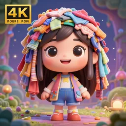 a big 3 d cute girl with millions of coloured clothes, big bright eyes and a magical smile in a magical world 4 k