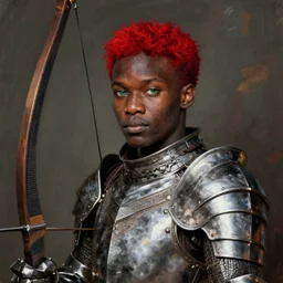 cedric cromwell, solo male knight, young adult, short straight red hair, red hair, red hair, green eyes, darkskinned ethiopian african skin, elaborate steel armor, longbow, clear symmetrical eyes, a male dnd knight's portrait, clear eyed, realistic, by brian patterson and rhads!!!, palette knife background