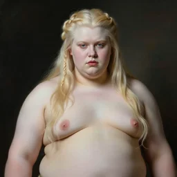 portrait of an androgynous jerma985 with long blond hair and side braids by peter Paul rubens and Norman Rockwell, big beefy chunky strong fat build, very very very very pale white skin platinum blond hair