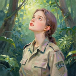 portrait of a beautiful girl in a dense jungle, looking up, military clothes, pastel colors, beautiful face, rule of thirds, spotlight, drips of paint, expressive, passionate, by mandy jurgens, by vincent van gogh, digital painting