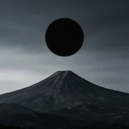 a black dot in the sky sucking up a mountain, dark lighting, landscape
