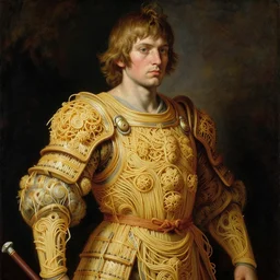 master shot of half boy half rhibo made of spaghetti, intricate armor made of spaghetti fractals, ancient warrior, samurai style, by giuseppe arcimboldo and ambrosius benson, renaissance, intricate and intense oil paint, a touch of beksinski, realistic