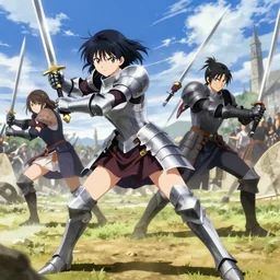 anime women in knight armor fighting with swords on aa battlefield