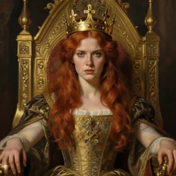 portrait of a beautiful auburn - haired woman with a guilded crown sitting on a throne with heightened detail, poised, intense emotion, detailed facial expression, detailed surroundings, intricate, elegant, highly detailed, centered, digital painting, artstation, concept art, smooth, sharp focus, illustration, by ( sir edward coley burne - jones ), wlop