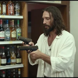 cctv footage of jesus robbing a liquor store, holding a glock, caught in 4 k