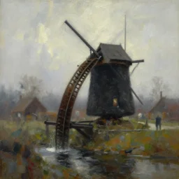 paint brush strokes, abstract oil painting of rustic village, water mill black stone, viking age, fog, ambient lighting, art by hans dahl, by jesper ejsing, art by anders zorn, wonderful masterpiece by greg rutkowski, cinematic light, american romanticism by greg manchess, creation by tyler edlin