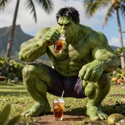 hulk sipping an ice tea while sunbathing in hawaii