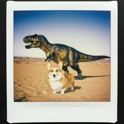 long shot of a corgi riding Tyrannosaurus in the desert, polaroid photo