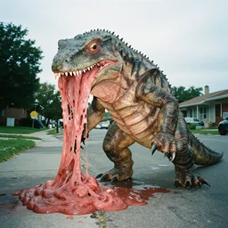 1 9 9 3, disposable camera, flash, suburbia street, giant reptile creature walking, meat, ooze, slime, veins, wet