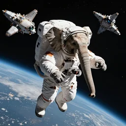 an elephant as astronaut flying in space, background spaceship