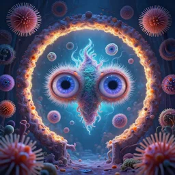 gates of heaven, halloween celebration, expressive eyes, floating, rbc, radiolaria, protophyta, micro - organisms, center frame, symmetric, rim light, marine microbiology, bioluminescence, electric, fur, soft, concept art, intricate details, highly detailed, colorful, photorealistic, disney pixar, octane render,