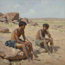 2 people parched in a rocky desert, oil painting