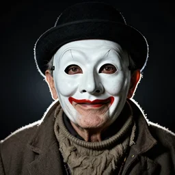 high contrast studio close - up portrait of a wrinkled old man wearing a pulcinella mask, clear eyes looking into camera, baggy clothing and hat, backlit, dark mood, nikon, photo by adolfo farsari, masterpiece