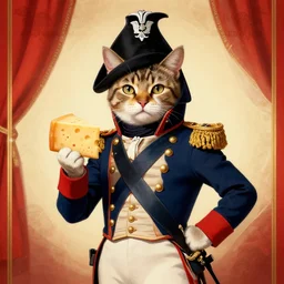 A propaganda poster depicting a cat dressed as French emperor Napoleon holding a piece of cheese