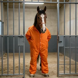 horse using orange inmate clothes, in a jail