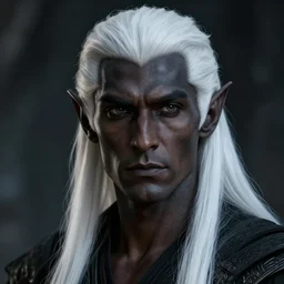 a portrait of a dark drow elf male, long length slick white hair, charcoal skin, deep thinker, handsome, smooth skin, young adult in with late twenties, raised eyebrows, pointed chin, charcoal color skin, style by donato giancola, wayne reynolds, jeff easley dramatic light, high detail, cinematic lighting, artstation, dungeons and dragons