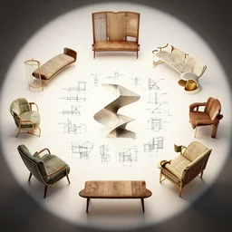 furniture design art deco, 3d render, furniture design sheet, Moebius, Greg Rutkowski, Zabrocki, Karlkka, Jayison Devadas, Phuoc Quan, trending on Artstation, 8K, ultra wide angle, zenith view, pincushion lens effect