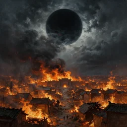 an ancient city on fire, firestorm, a black sphere void in the center of the sky, stormy clouds, wide perspective, low perspective, burning village, highly detailed digital art, cinematic, dark moody colors, hyper realism, oil on canvas, trending on Artstation, octane render